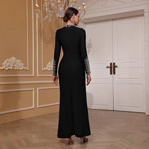 Women Black Long Sleeve Maxi Dress Heavy Beadwork High Split Bandage Slim Fit Elegant Evening Party Ball Gown Dress