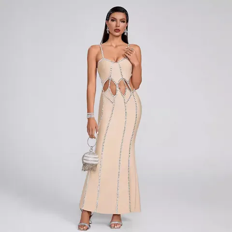 Sexy Vestito a Fasce con Scollo a V e Strass Per Donna Cut Out Schiena Scoperta Senza Maniche Abito da Sera Maxi Clubwear Bottom