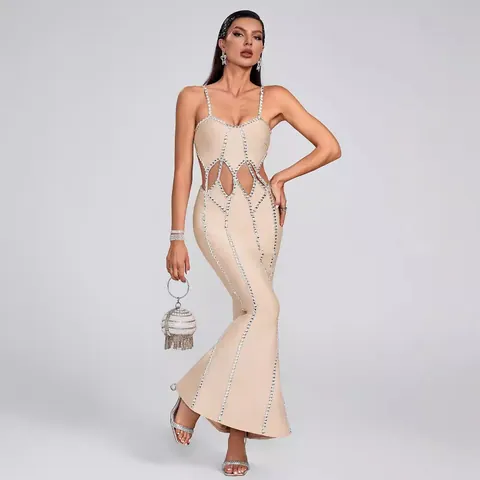 Sexy Vestito a Fasce con Scollo a V e Strass Per Donna Cut Out Schiena Scoperta Senza Maniche Abito da Sera Maxi Clubwear Bottom