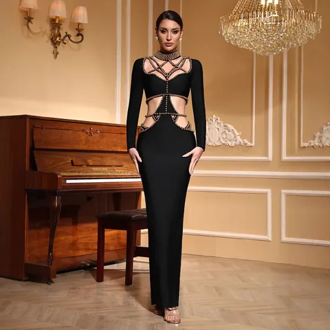 Elegante Vestido Maxi de Vendaje Calado con Cuentas Manga Larga Mujer Negro Ajustado Vestido de Noche Fiesta Banquete Gala Top And Bottom