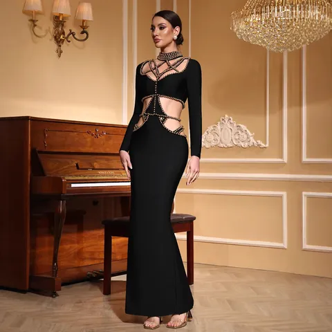 Elegante Vestido Maxi de Vendaje Calado con Cuentas Manga Larga Mujer Negro Ajustado Vestido de Noche Fiesta Banquete Gala Top And Bottom