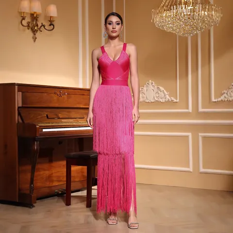 Elegant Deep V Neck Tassel Bandage Dress For Women Slim Fit Sexy Fringe Evening Gown For Banquet Red Carpet Top And Bottom