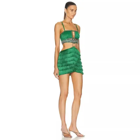 Set Gonna Benda Sexy da Donna Strass Nappina Aperto Schiena Scoperta Anello di Metallo Patchwork Minigonna Top And Bottom Party Outfit