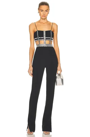 Tuta Intera Donna Sexy in Rete con Strass e Perline Spacco Spalline Sottili Aderente Elegante in Poliestere ed Elastan