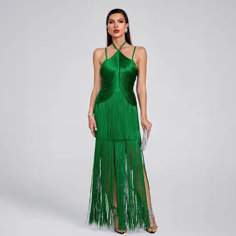 Women Sexy Halter Fringe Maxi Dress Knitted Sleeveless Tassel Hem Dress For Evening Party Banquet Dance Ball Gown