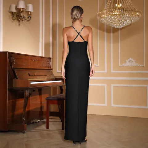 Abito a Fascia di Lusso con Strass e Scollo a Cuore Spacco Alto Corsetto Snellente Abito da Sera per Festa Banquette Poliestere Donna Vestito Maxi