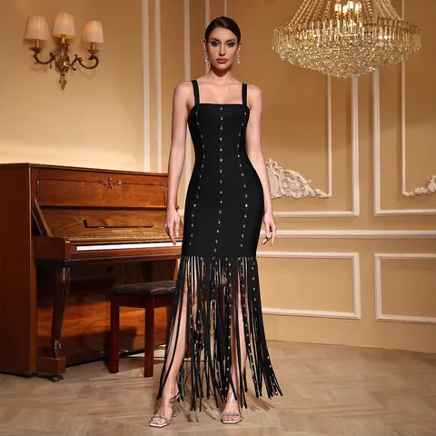 Women Sexy Bandage Maxi Dress Rhinestone Tassel High Slit Cami Evening Dress Party Slim Fit Back Zip Nightclub Dress