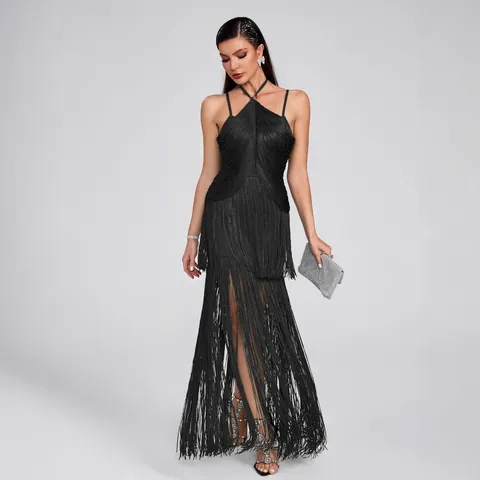 Women Sexy Halter Fringe Maxi Dress Knitted Sleeveless Tassel Hem Dress For Evening Party Banquet Dance Ball Gown