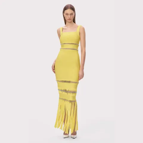 Abito Maxi Sexy a Fasce con Nappe da Donna Scollo Quadrato Paillettes Traforato Abito da Sera Slim Fit Elegante Discoteca