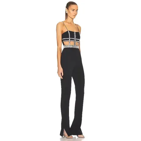 Tuta Intera Donna Sexy in Rete con Strass e Perline Spacco Spalline Sottili Aderente Elegante in Poliestere ed Elastan