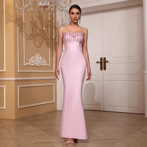 Vestito da Donna Rosa con Strass Senza Spalline a Sirena Sexy Aderente Fasciante Abito da Sera Elegante con Nappe da Festa