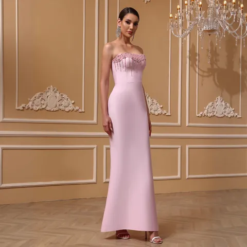 Vestito da Donna Rosa con Strass Senza Spalline a Sirena Sexy Aderente Fasciante Abito da Sera Elegante con Nappe da Festa