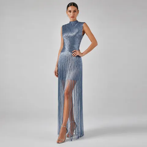 Sleeveless Silver Thread Tassel Bandage Dress Women Slim Fit Evening Gown For Banquet Party Wedding Top And Bottom