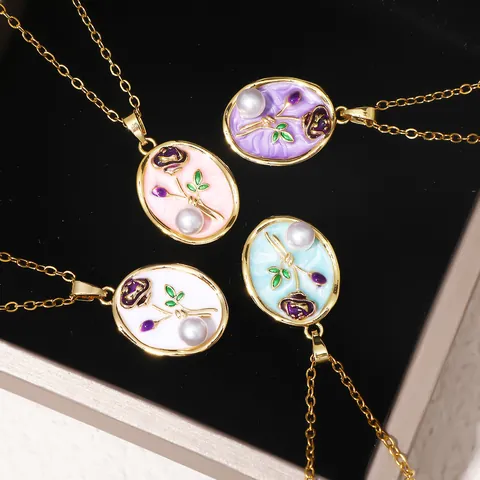 Vintage Oil Painting Rose Flower Artificial Pearl Pendant Necklace Titanium Steel Gold Plated Monet Garden Jewelry For Women