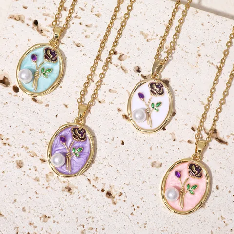 Vintage Oil Painting Rose Flower Artificial Pearl Pendant Necklace Titanium Steel Gold Plated Monet Garden Jewelry For Women