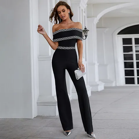 Women Off-The-Shoulder Greek Key Print Wide Leg Jumpsuit Elegant Black Viscose Spandex One-Piece Long Pants Jumpsuit For Dating