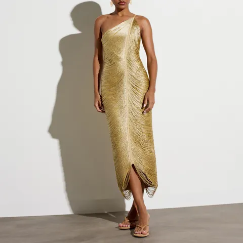 Women's One Shoulder Fringe Bandage Dress High Stretch Knitted Tassel Bodycon Evening Party Midi Gown Slimming Sexy Dress