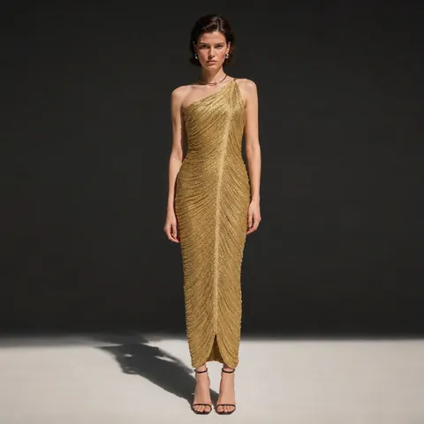 Women's One Shoulder Fringe Bandage Dress High Stretch Knitted Tassel Bodycon Evening Party Midi Gown Slimming Sexy Dress