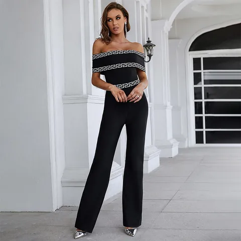 Women Off-The-Shoulder Greek Key Print Wide Leg Jumpsuit Elegant Black Viscose Spandex One-Piece Long Pants Jumpsuit For Dating