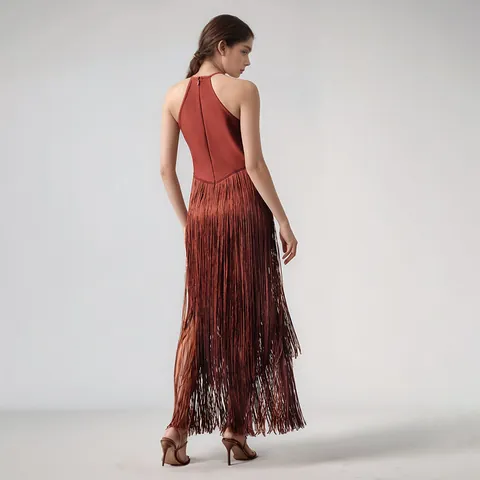 Women's Sexy Halter Sleeveless Fringe Bandage Dress Slim Fit Patchwork Waist Hugging Party Banquet Stage Performance Formal Gown