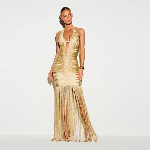 Sexy Halter Deep V Tassel Evening Dress Women Gold Polyester Backless Bodycon Fringe Top And Bottom Gown For Party