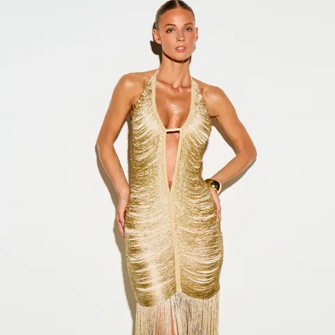 Sexy Halter Deep V Tassel Evening Dress Women Gold Polyester Backless Bodycon Fringe Top And Bottom Gown For Party