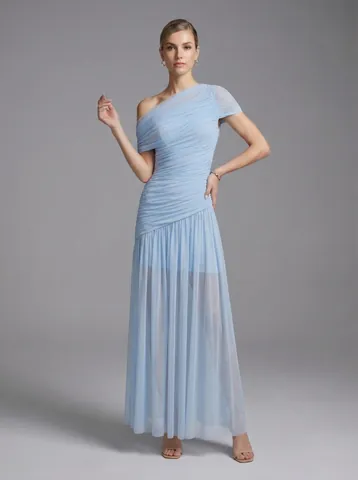 Women One Shoulder Mesh Maxi Dress Ruched Irregular Pleated Bodycon Sheer Hem Dress For Evening Party Vacation Long Dress