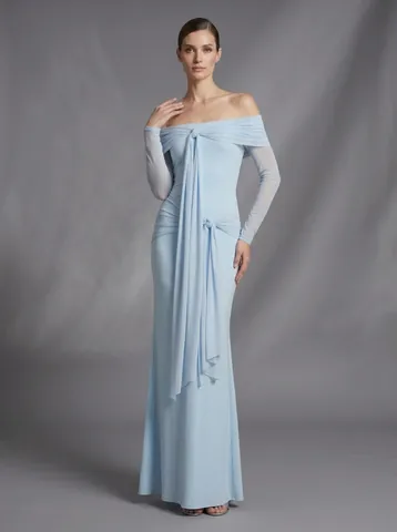 Light Blue Off-the-Shoulder Knot Streamer Bodycon Maxi Dress For Women Summer Slim Fit Banquet Evening Engagement Elegant Gown