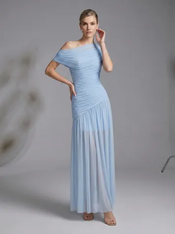 Women One Shoulder Mesh Maxi Dress Ruched Irregular Pleated Bodycon Sheer Hem Dress For Evening Party Vacation Long Dress