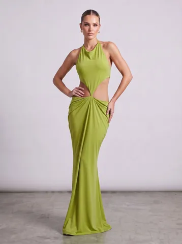 Women's Avocado Green Halter Cut-out Maxi Dress Sexy Backless Ruched Floor Length Evening Party Formal Dress Elegant Vacation Beach Long Dress