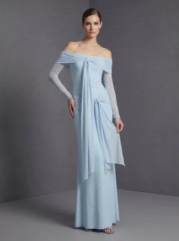 Light Blue Off-the-Shoulder Knot Streamer Bodycon Maxi Dress For Women Summer Slim Fit Banquet Evening Engagement Elegant Gown