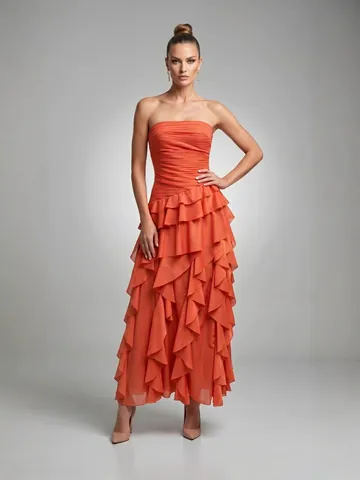 Women Strapless Chiffon Maxi Dress Elegant Orange Red Ruched Waist Ruffled Layered Gown For Summer Beach Vacation Party