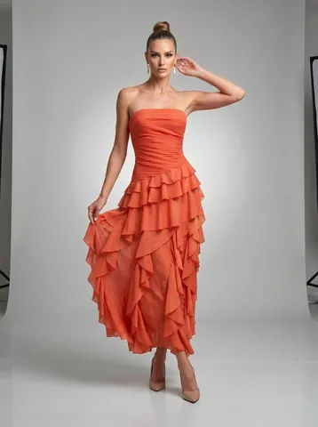 Women Strapless Chiffon Maxi Dress Elegant Orange Red Ruched Waist Ruffled Layered Gown For Summer Beach Vacation Party