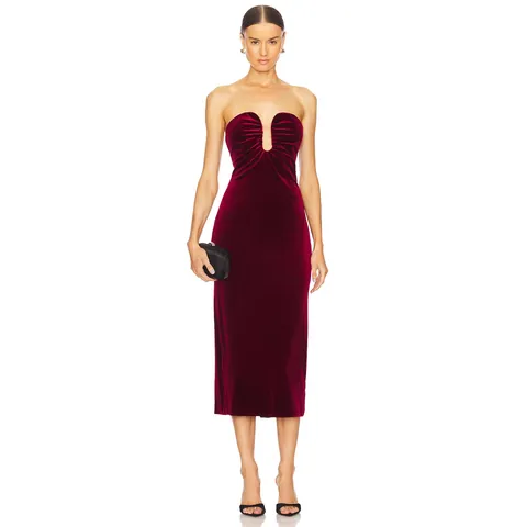 Burgundy Velvet Strapless Midi Dress Elegant Bodycon Ruched Party Evening Dress For Women Autumn Winter Sexy Tube Dress