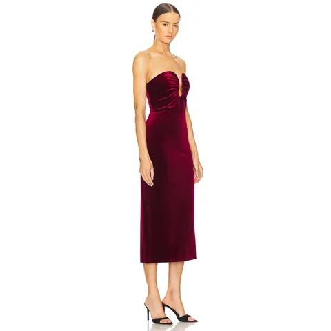 Burgundy Velvet Strapless Midi Dress Elegant Bodycon Ruched Party Evening Dress For Women Autumn Winter Sexy Tube Dress