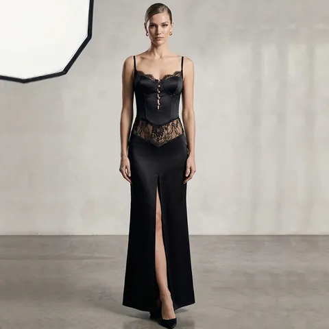 Elegant Women Black Lace Patchwork Maxi Dress Sexy V Neck Sleeveless Slit Satin Party Evening Gown Long Bodycon Dress