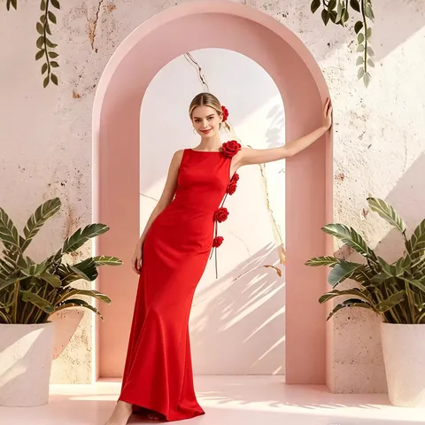 Women Sexy Backless Maxi Dress With 3D Flower Decoration Slim Fit Bodycon Evening Party Long Dress Elegant Red Polyester Gown