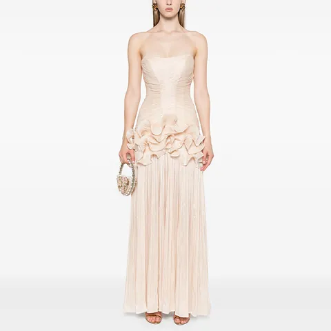 Elegant French Celebrity Strapless Sleeveless Polyester Evening Dress Spliced Ruffle Long Bodycon Party Gown For Women