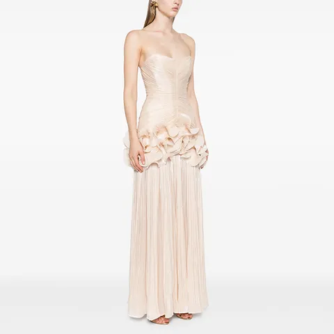Elegant French Celebrity Strapless Sleeveless Polyester Evening Dress Spliced Ruffle Long Bodycon Party Gown For Women