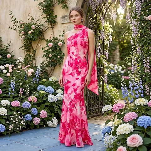 Women Sexy One Shoulder Floral Print Maxi Dress Bohemian Backless Bodycon Halter Scarf Dress For Summer Vacation Party