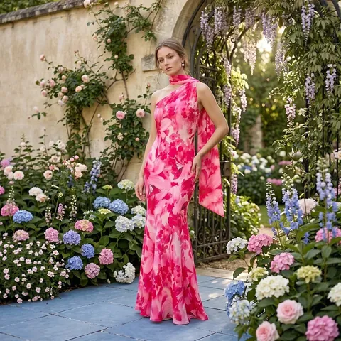 Women Sexy One Shoulder Floral Print Maxi Dress Bohemian Backless Bodycon Halter Scarf Dress For Summer Vacation Party