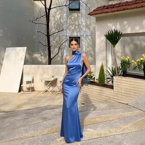 Royal Blue Satin Halter Backless Long Dress Socialite Style Flowy Streamer Formal Party Evening Gown Women Sleeveless A-line Dress