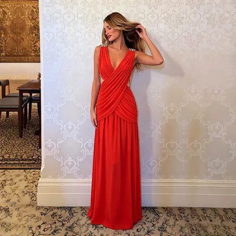 Women Sexy V-Neck Crisscross Hollow Out Maxi Dress Sleeveless Ruched Solid Red Vacation Party Evening Dress With Metal Chain Decor