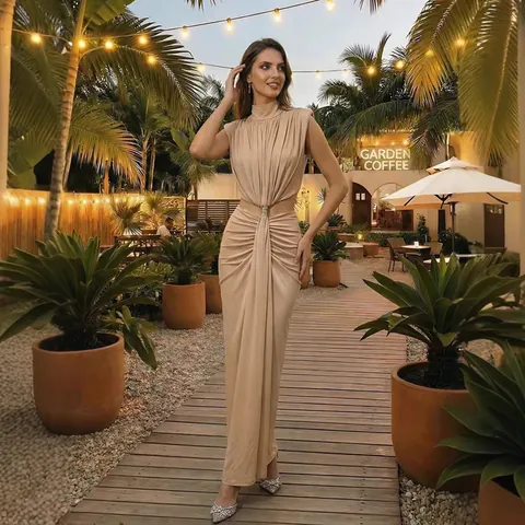 Sexy High Neck Sleeveless Twist Knot Cut Out Maxi Dress Elegant Apricot Hollow Out Backless Bodycon Party Club Dress Women