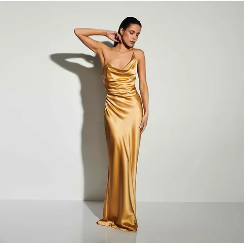 Elegant Gold Satin Ruched Midi Dress For Women Sexy Backless Cowl Neck Spaghetti Strap Bodycon Party Banquet Vacation Dress