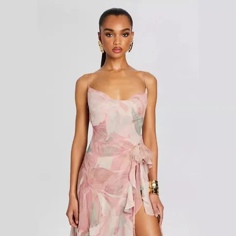 Women Floral Print Spaghetti Strap Backless Slit Midi Dress Sexy Ruffle Hem Polyester Vacation Party Slip Dress