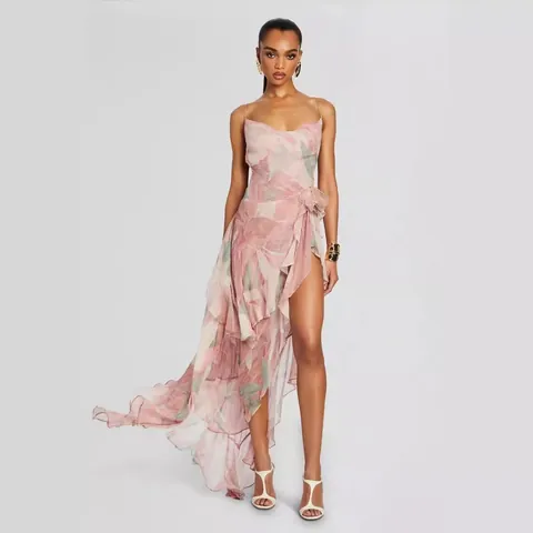 Women Floral Print Spaghetti Strap Backless Slit Midi Dress Sexy Ruffle Hem Polyester Vacation Party Slip Dress