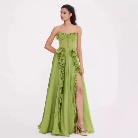 French Style Elegant Green Evening Maxi Dress For Women Embroidered Ruffle Strapless A-Line Slim Banquet Party Long Dress