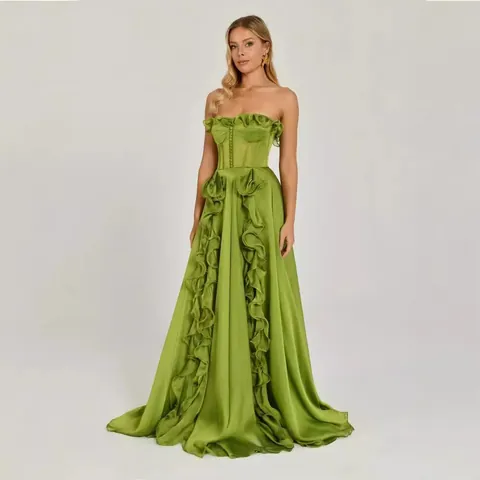 French Style Elegant Green Evening Maxi Dress For Women Embroidered Ruffle Strapless A-Line Slim Banquet Party Long Dress