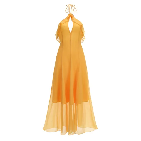 Vestido Largo con Cuello Halter y Volantes para Mujer Elegante Vestido de Noche de Gasa Amarillo Color Sólido Verano Fiesta